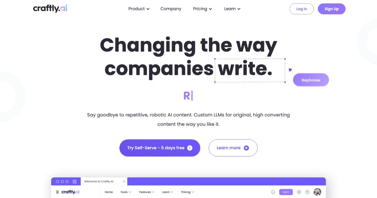 Craftly.AI homepage — 'Changing the way companies write', an AI copywriting platform built on custom LLMs.