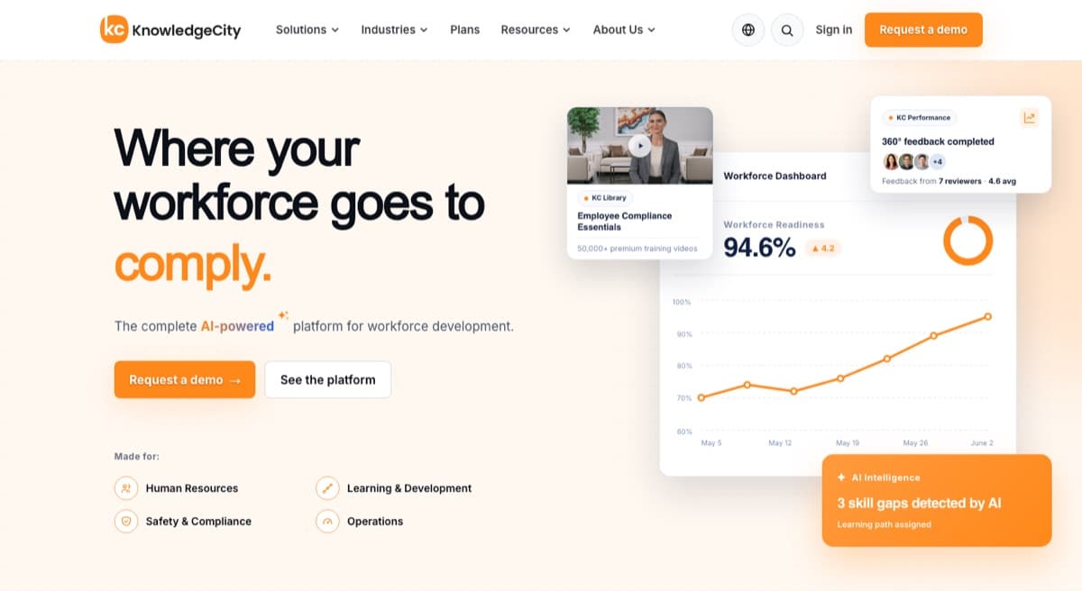 KnowledgeCity platform homepage — an AI-powered workforce development platform for compliance and L&D teams.