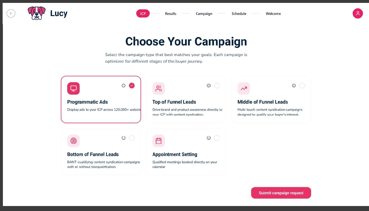 Lucy's Choose Your Campaign screen — selectable campaign types including programmatic ads, top and middle of funnel leads, bottom of funnel and appointment setting.