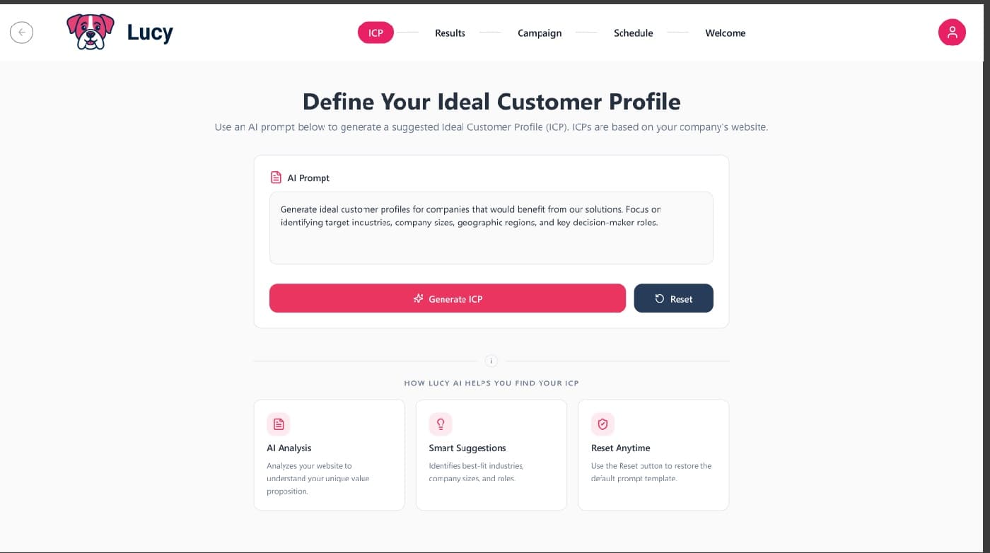 Lucy's Define Your Ideal Customer Profile screen — an AI prompt field with Generate ICP and Reset actions, above cards explaining AI analysis, smart suggestions and reset.