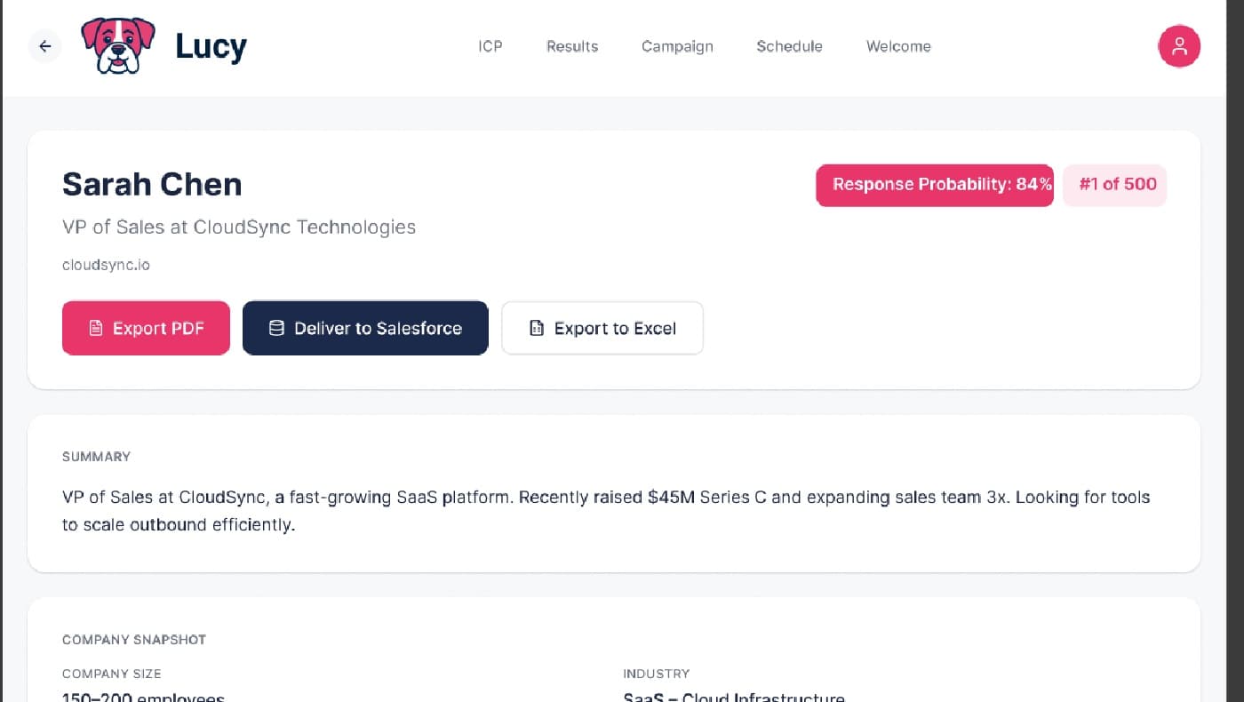 Lucy's lead detail view for a VP of Sales — response probability, company snapshot, sales signals including a funding round and hiring activity, and export actions to Salesforce, Excel and PDF.