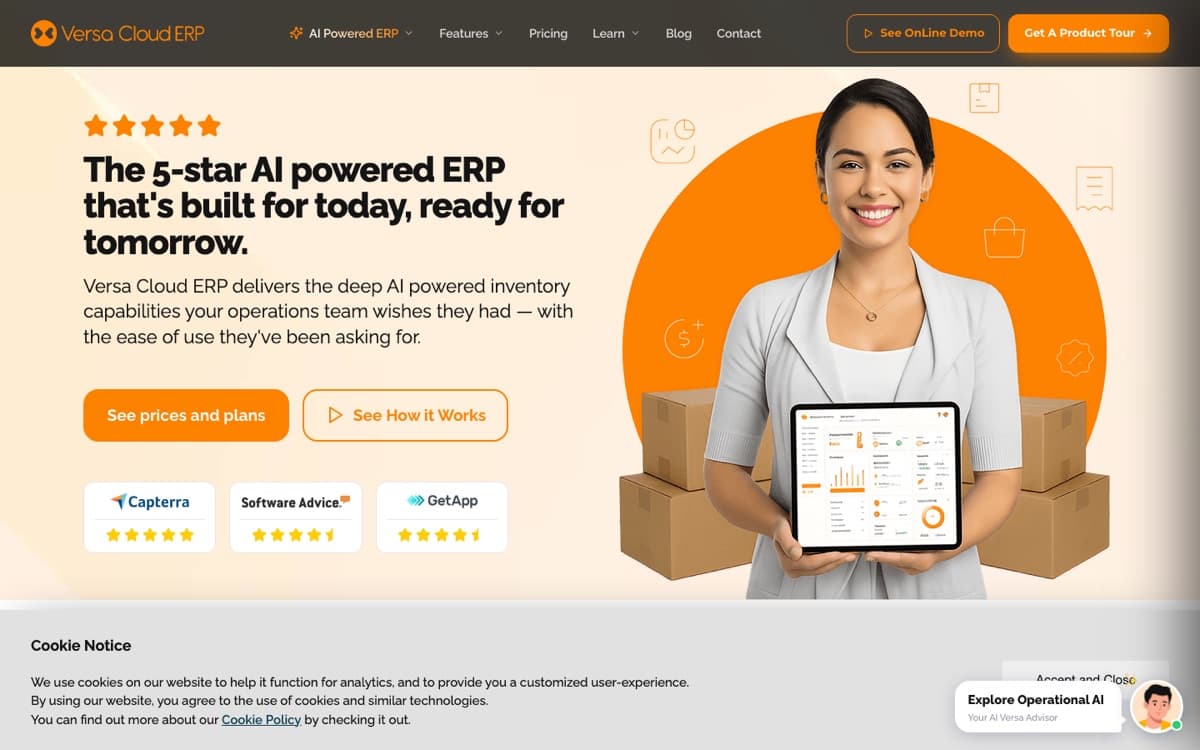 Versa Cloud ERP homepage — an AI-powered cloud ERP with deep inventory capabilities for operations teams.